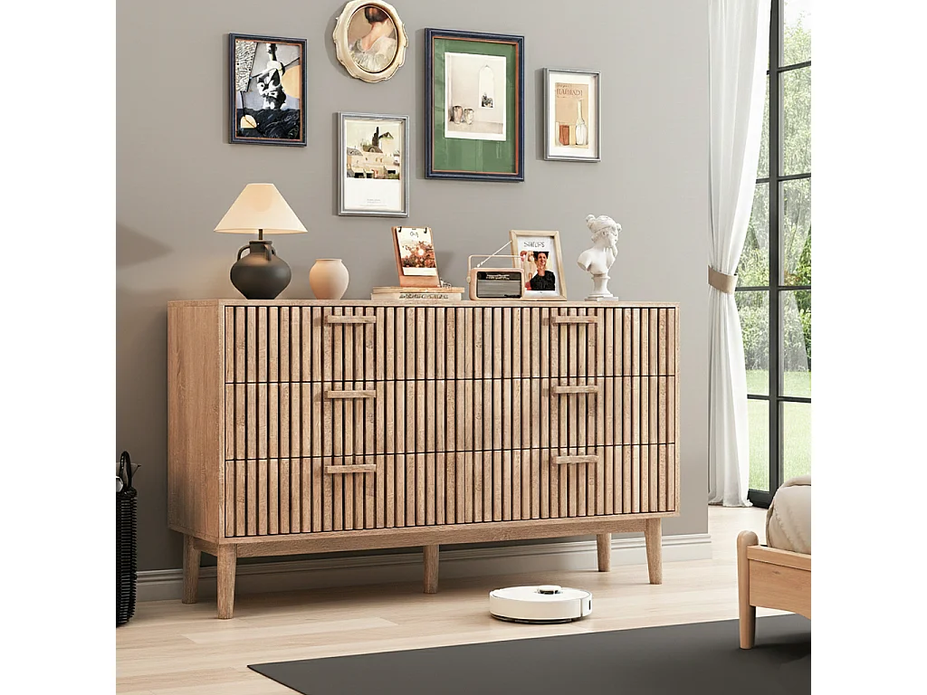 Commode 6 tiroirs, Meuble de Rangement avec antichute,Chiffonnier Bois Colonne avec Poignées et Pieds, Tiroir pour Chambre, Salon, Bureau, 100x34x73cm