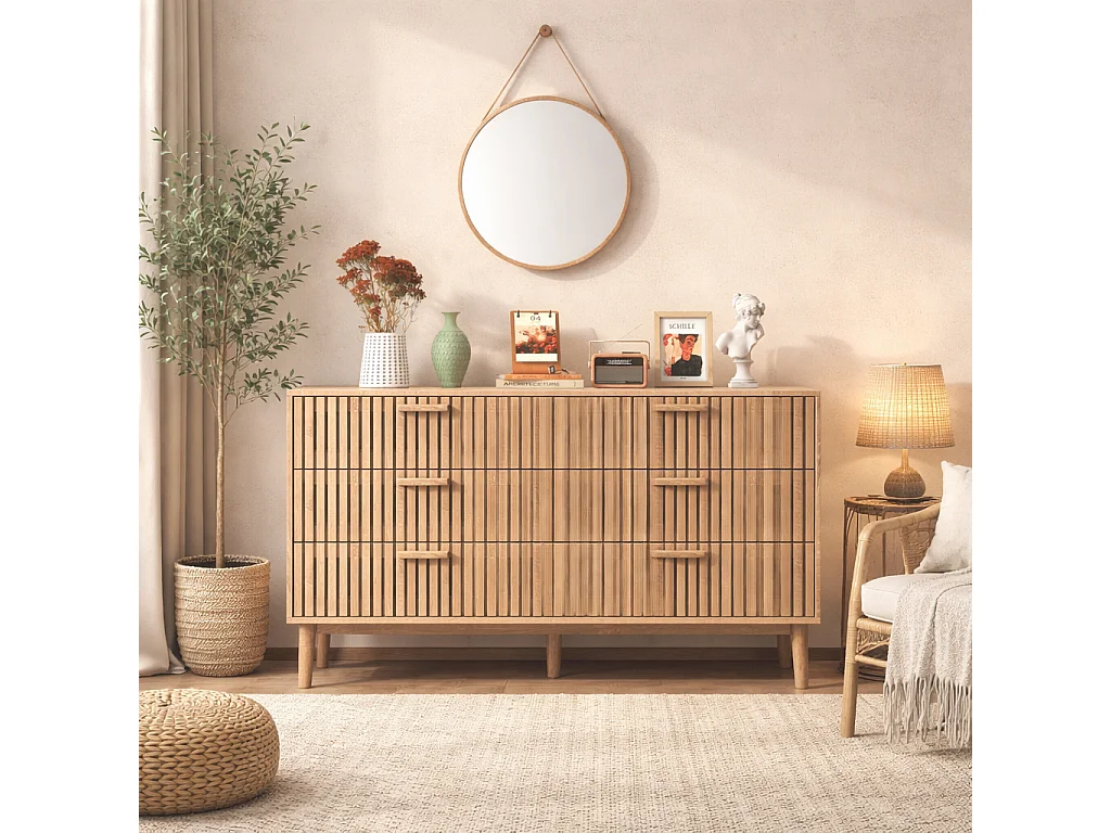 Commode 6 tiroirs, Meuble de Rangement avec antichute,Chiffonnier Bois Colonne avec Poignées et Pieds, Tiroir pour Chambre, Salon, Bureau, 100x34x73cm