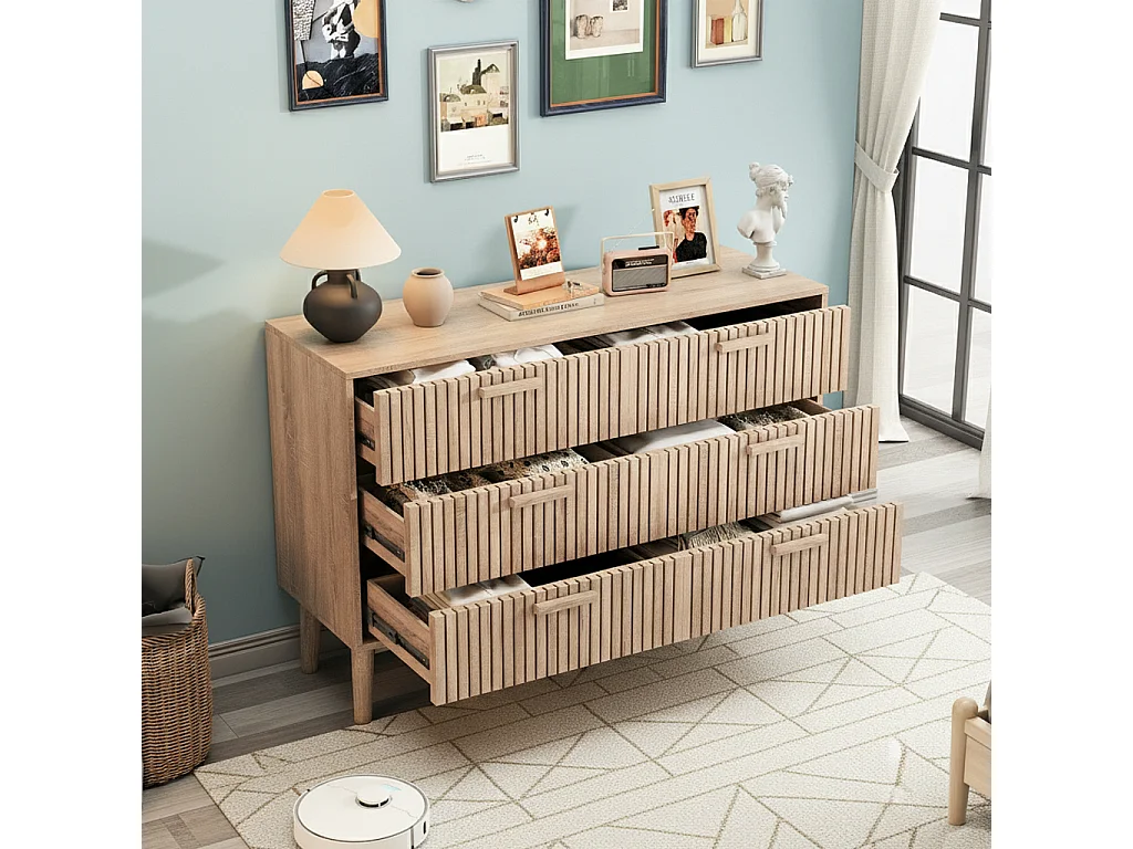 Commode 6 tiroirs, Meuble de Rangement avec antichute,Chiffonnier Bois Colonne avec Poignées et Pieds, Tiroir pour Chambre, Salon, Bureau, 100x34x73cm