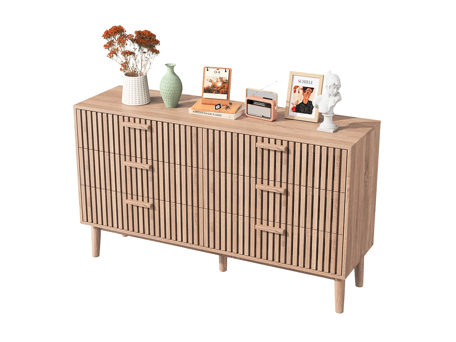 Commode 6 tiroirs, Meuble de Rangement avec antichute,Chiffonnier Bois Colonne avec Poignées et Pieds, Tiroir pour Chambre, Salon, Bureau, 100x34x73cm