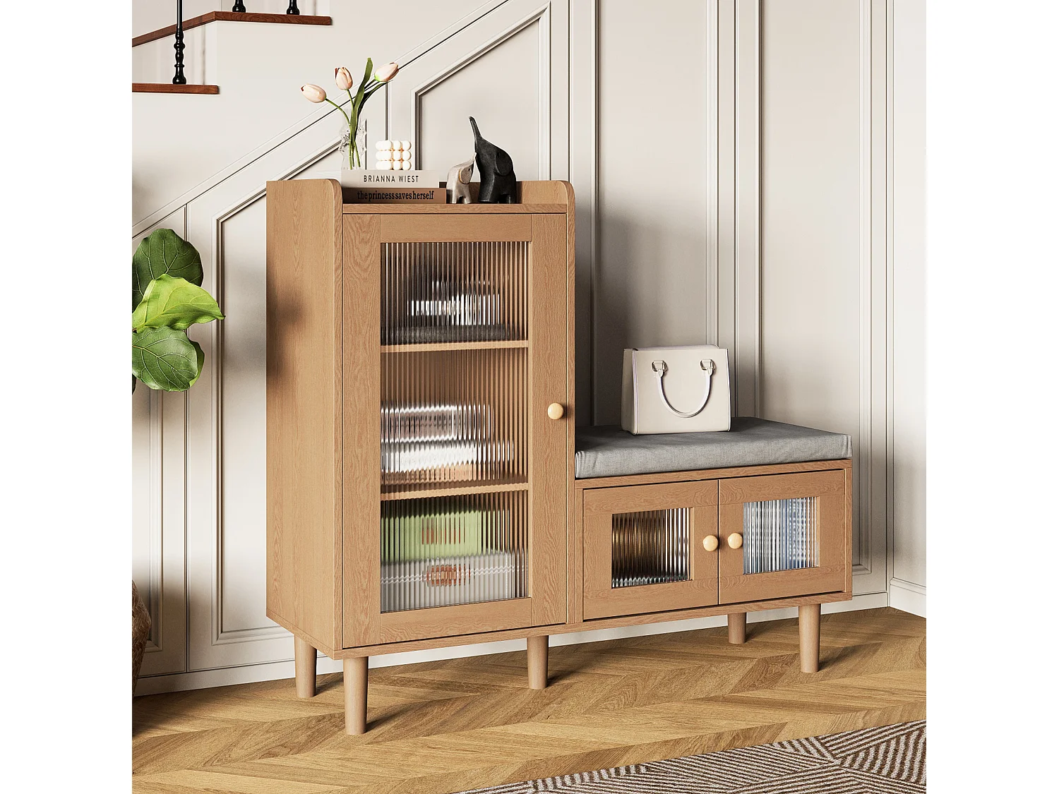 Banc à Chaussures avec Tabouret et Étageres réglables, Armoire à Chaussures avec Assise, Meuble à Chaussures en Porte, pour Entrée, 100x35x90cm, Brun