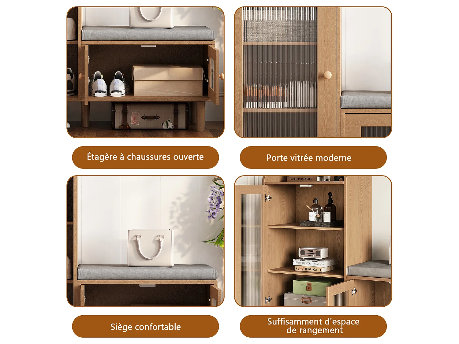 Banc à Chaussures avec Tabouret et Étageres réglables, Armoire à Chaussures avec Assise, Meuble à Chaussures en Porte, pour Entrée, 100x35x90cm, Brun