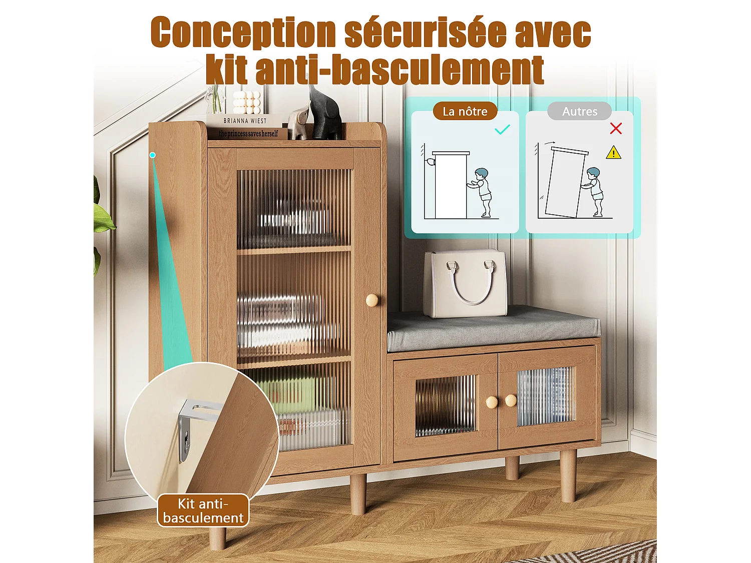 Banc à Chaussures avec Tabouret et Étageres réglables, Armoire à Chaussures avec Assise, Meuble à Chaussures en Porte, pour Entrée, 100x35x90cm, Brun
