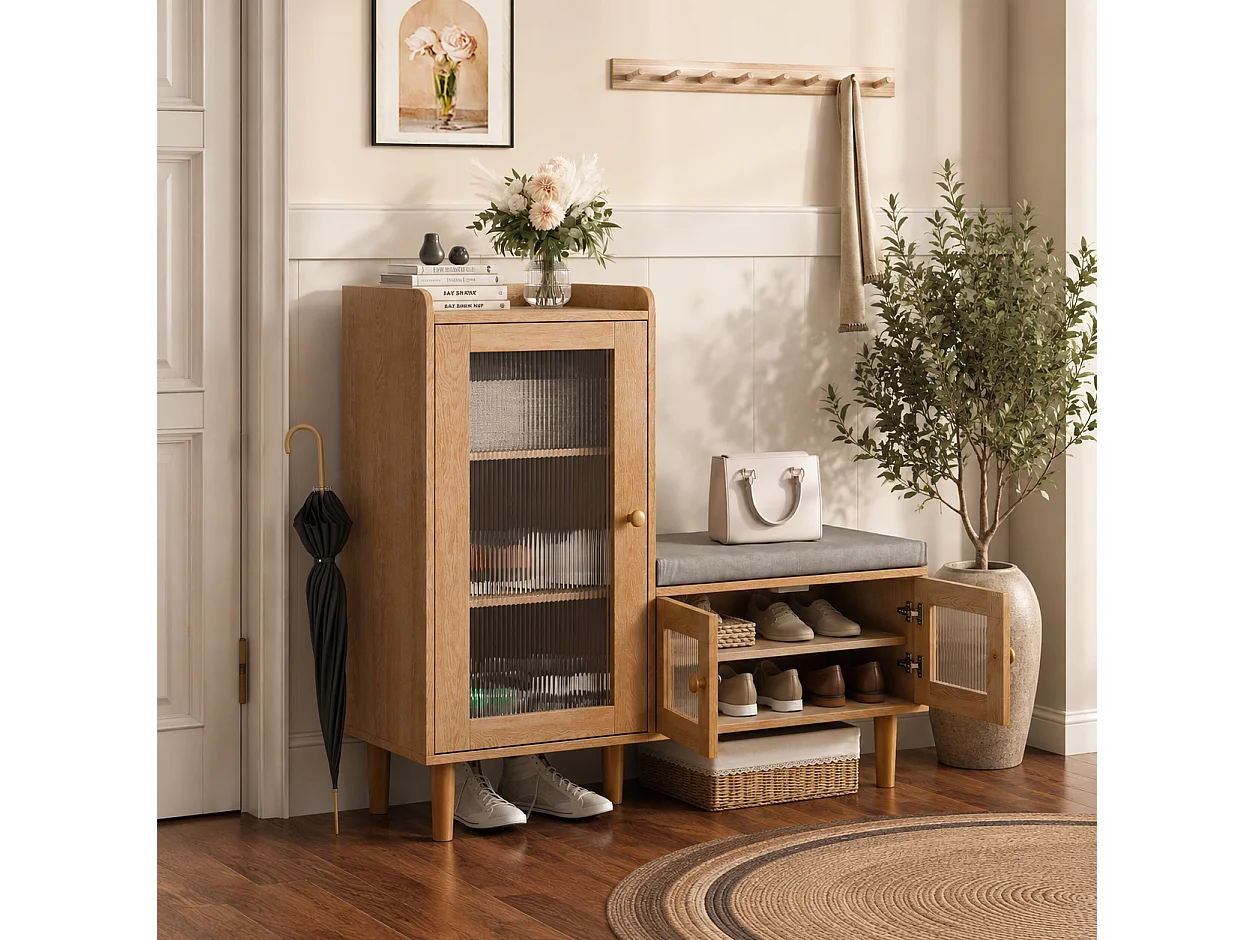 Banc à Chaussures avec Tabouret et Étageres réglables, Armoire à Chaussures avec Assise, Meuble à Chaussures en Porte, pour Entrée, 100x35x90cm, Brun
