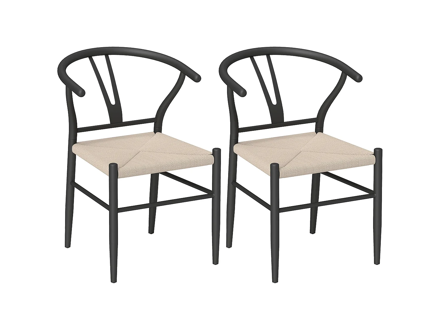 Ranopa Set of 2 Woven Paper Rope Dining Chairs Black Powder Coated Frame Beige Seat Y Shaped Backrest