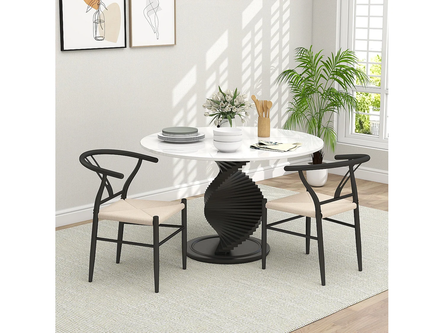 Ranopa Set of 2 Woven Paper Rope Dining Chairs Black Powder Coated Frame Beige Seat Y Shaped Backrest