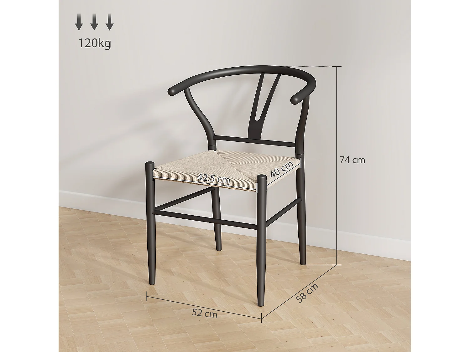 Ranopa Set of 2 Woven Paper Rope Dining Chairs Black Powder Coated Frame Beige Seat Y Shaped Backrest