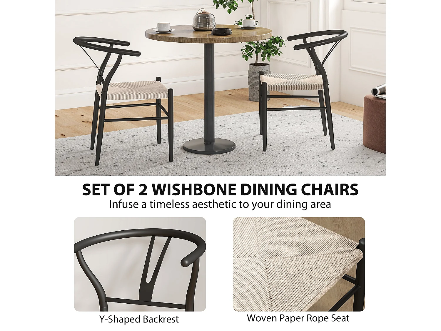 Ranopa Set of 2 Woven Paper Rope Dining Chairs Black Powder Coated Frame Beige Seat Y Shaped Backrest