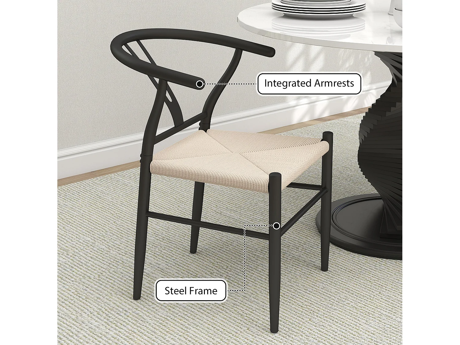 Ranopa Set of 2 Woven Paper Rope Dining Chairs Black Powder Coated Frame Beige Seat Y Shaped Backrest
