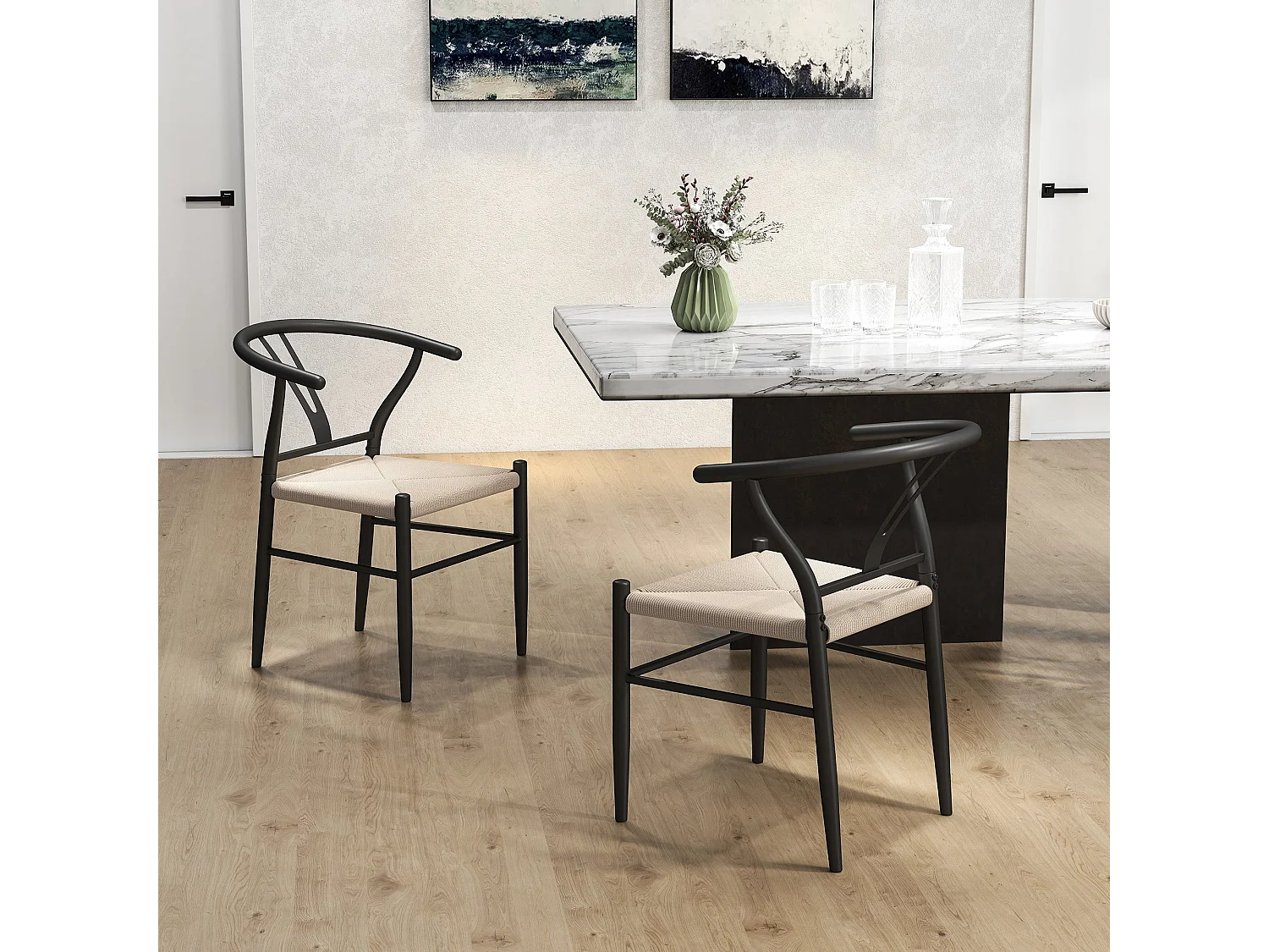 Ranopa Set of 2 Woven Paper Rope Dining Chairs Black Powder Coated Frame Beige Seat Y Shaped Backrest
