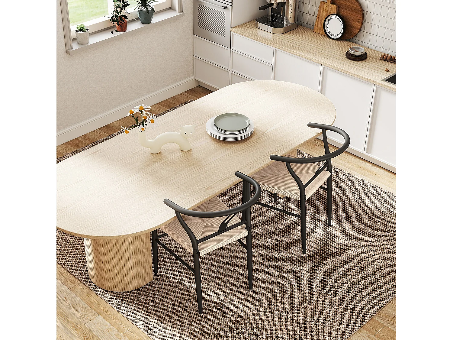Ranopa Set of 2 Woven Paper Rope Dining Chairs Black Powder Coated Frame Beige Seat Y Shaped Backrest