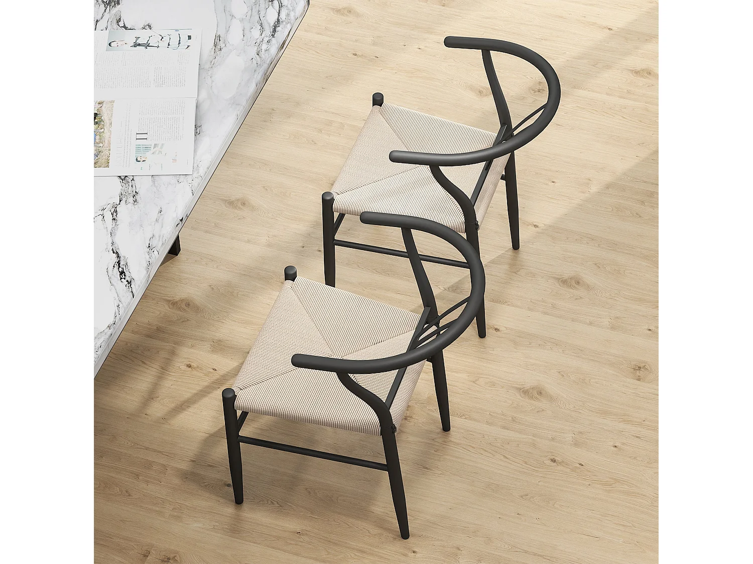 Ranopa Set of 2 Woven Paper Rope Dining Chairs Black Powder Coated Frame Beige Seat Y Shaped Backrest
