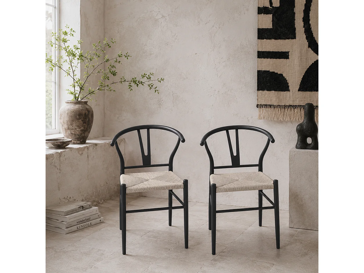 Ranopa Set of 2 Woven Paper Rope Dining Chairs Black Powder Coated Frame Beige Seat Y Shaped Backrest
