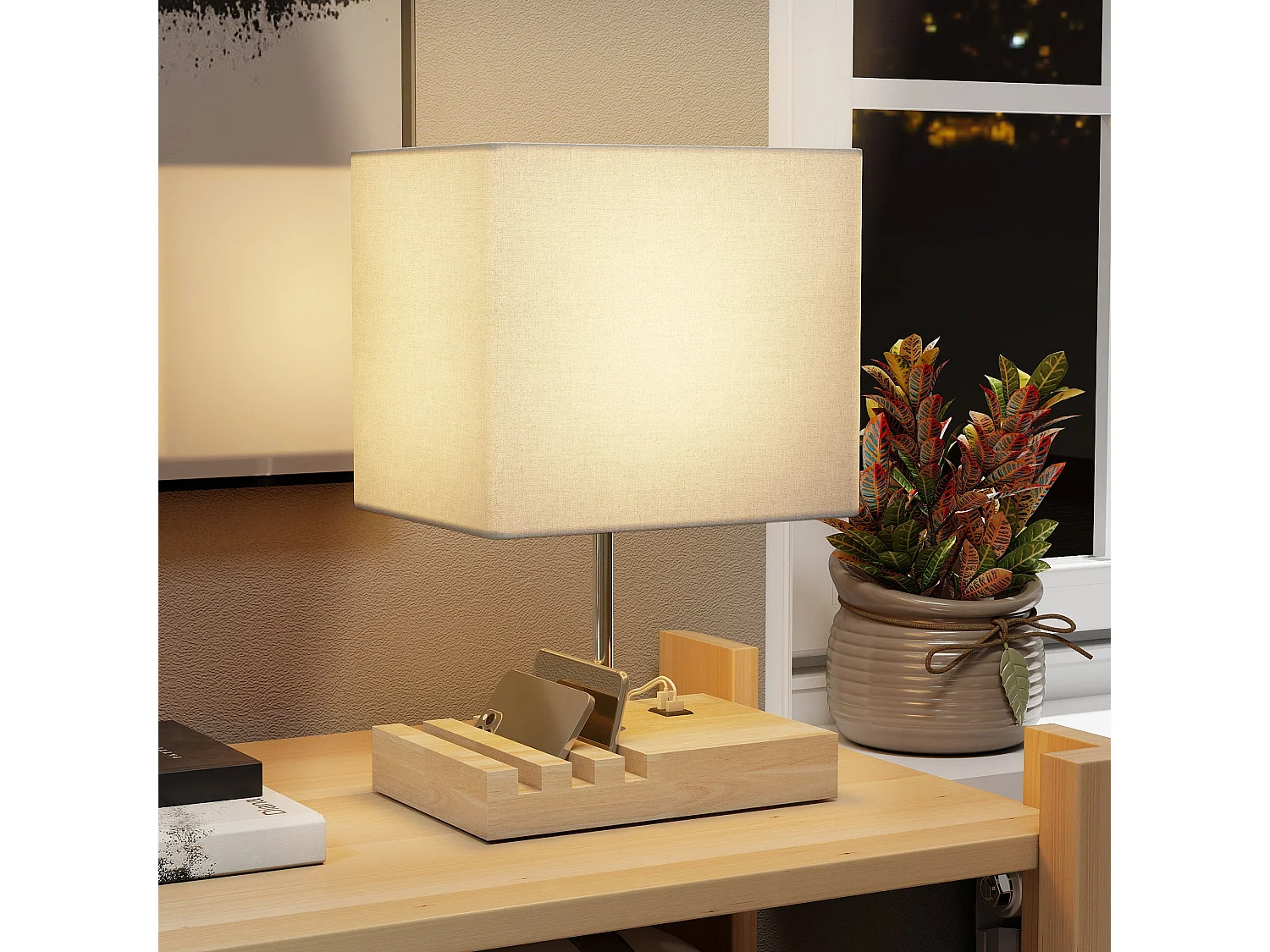 Hael Bedside Lamp Solid Wood Base Fabric Shade USB A and USB C Charging 3 Phone Stands