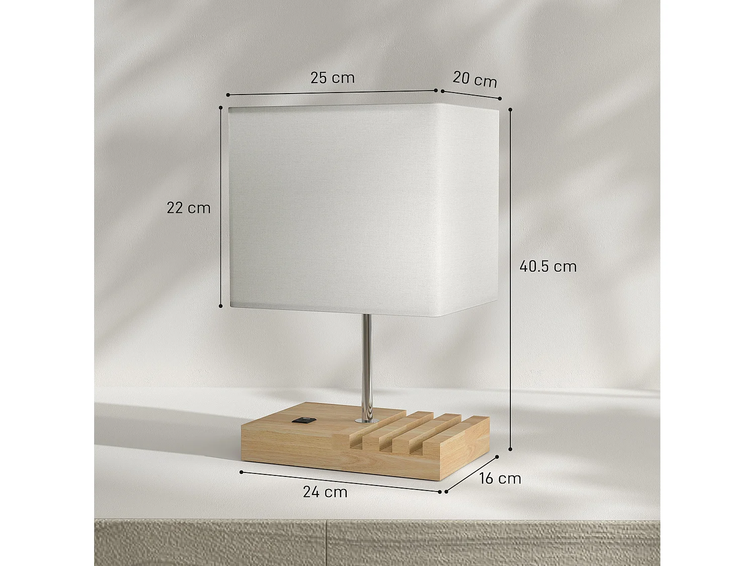 Hael Bedside Lamp Solid Wood Base Fabric Shade USB A and USB C Charging 3 Phone Stands