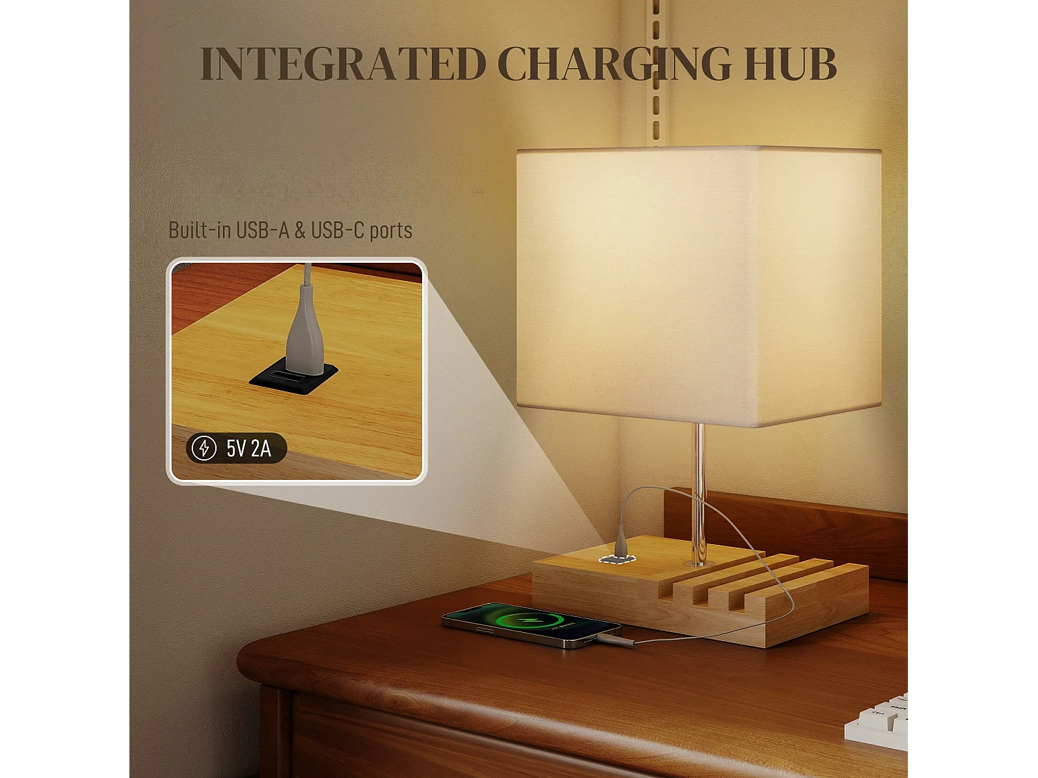 Hael Bedside Lamp Solid Wood Base Fabric Shade USB A and USB C Charging 3 Phone Stands