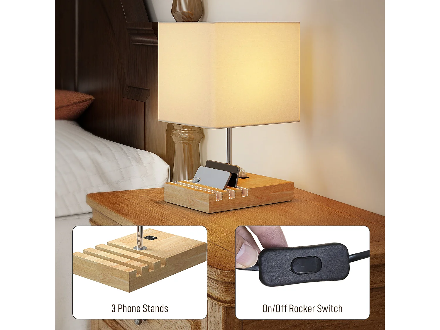 Hael Bedside Lamp Solid Wood Base Fabric Shade USB A and USB C Charging 3 Phone Stands