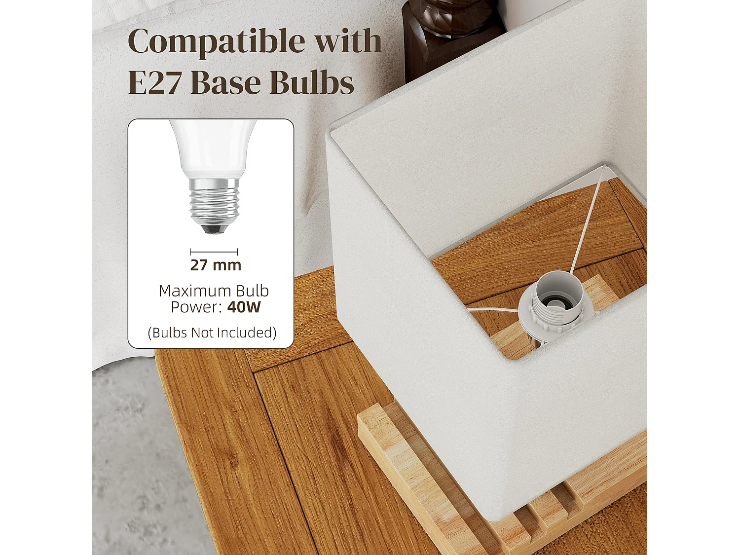 Hael Bedside Lamp Solid Wood Base Fabric Shade USB A and USB C Charging 3 Phone Stands