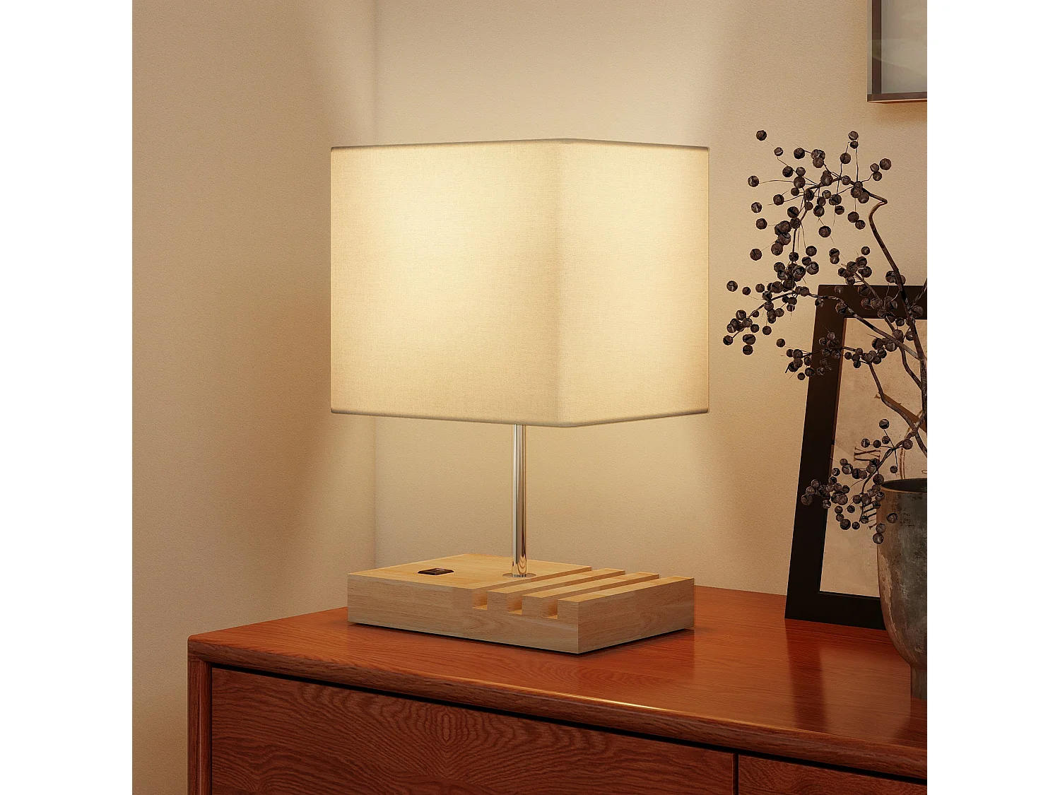 Hael Bedside Lamp Solid Wood Base Fabric Shade USB A and USB C Charging 3 Phone Stands