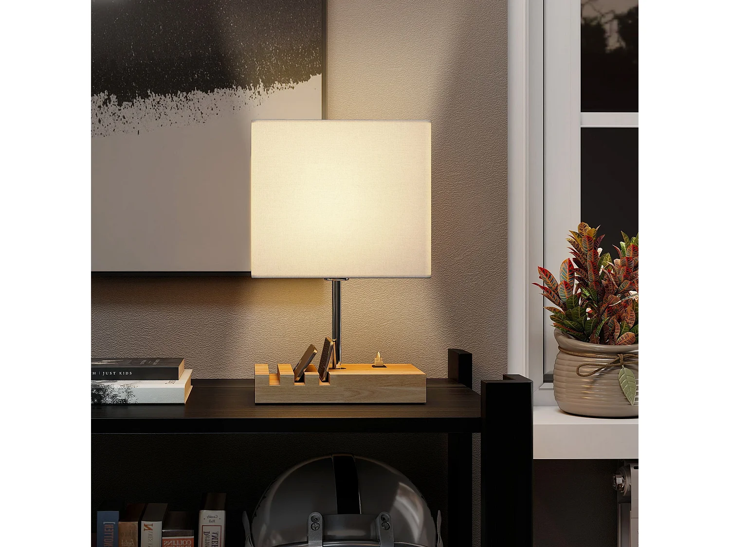 Hael Bedside Lamp Solid Wood Base Fabric Shade USB A and USB C Charging 3 Phone Stands