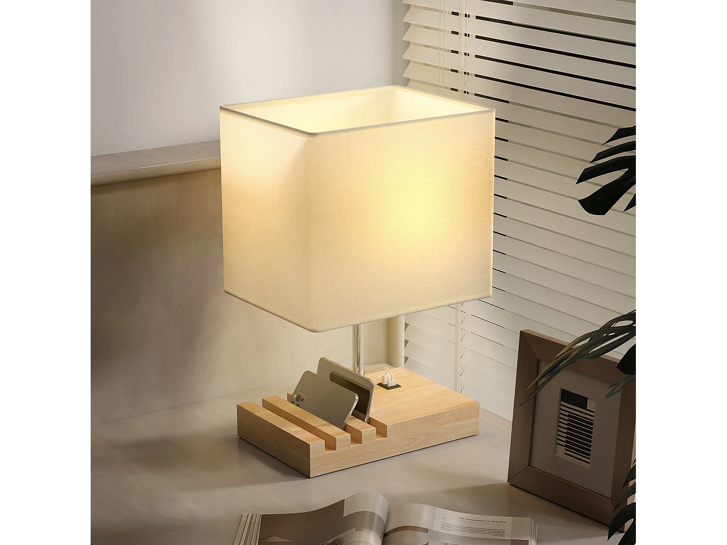 Hael Bedside Lamp Solid Wood Base Fabric Shade USB A and USB C Charging 3 Phone Stands