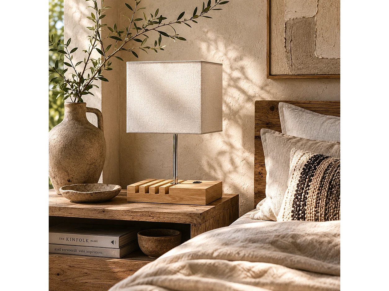 Hael Bedside Lamp Solid Wood Base Fabric Shade USB A and USB C Charging 3 Phone Stands