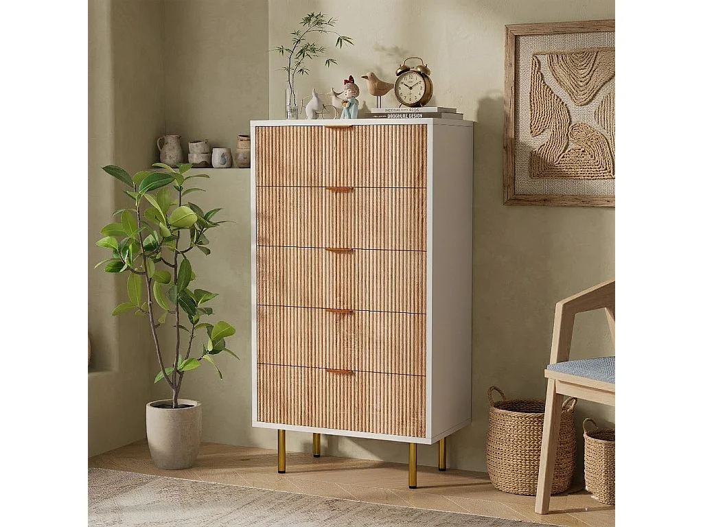 Commode en rotin à 5 tiroirs, 60x34x110 cm, commode pour chambre, meuble de rangement, buffet haut, commode étroite, meuble moderne pour salon