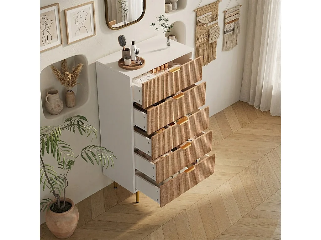 Commode en rotin à 5 tiroirs, 60x34x110 cm, commode pour chambre, meuble de rangement, buffet haut, commode étroite, meuble moderne pour salon
