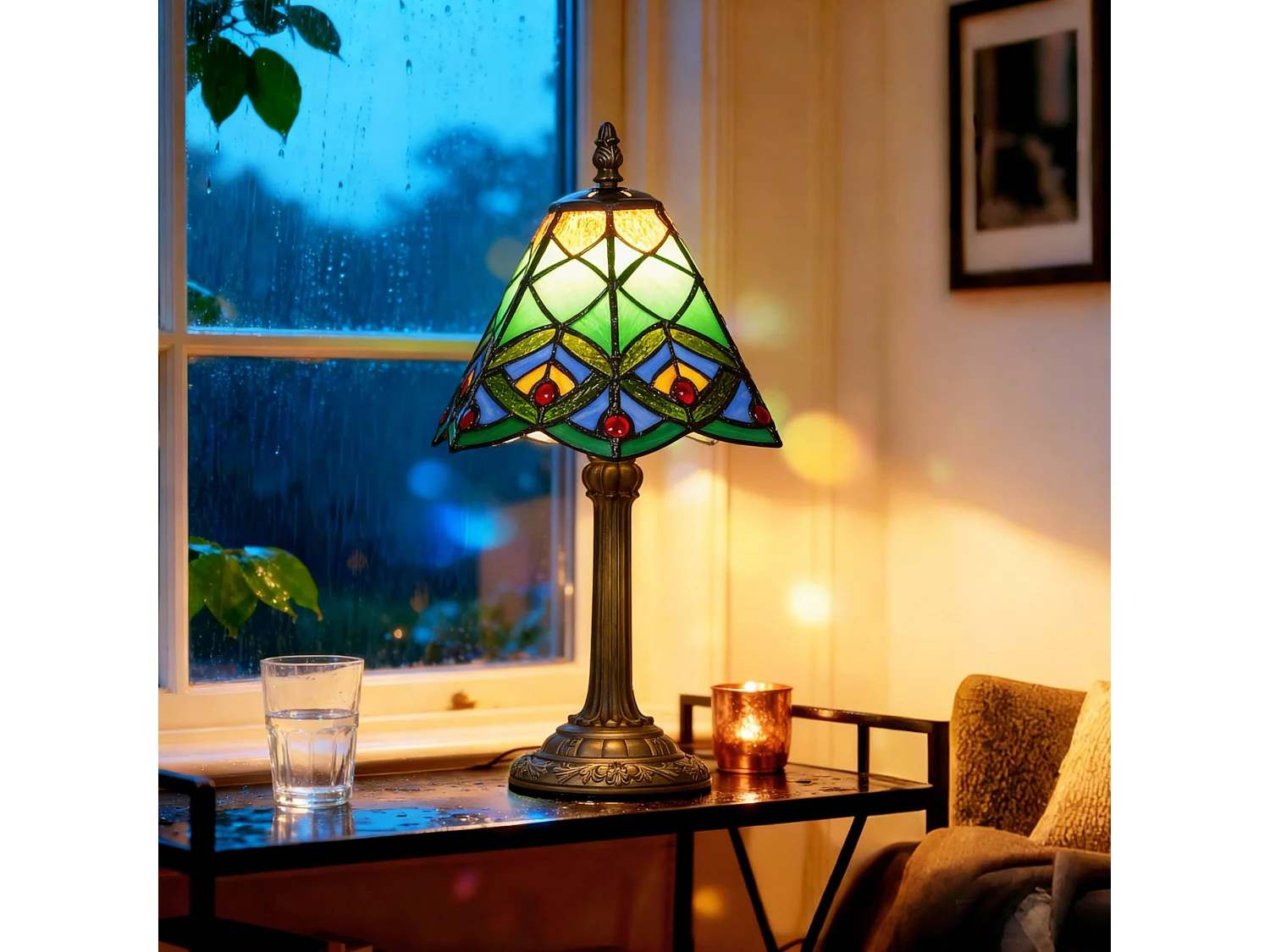 Mamavi Tiffany Style Table Lamp Green Amber Geometric Stained Glass