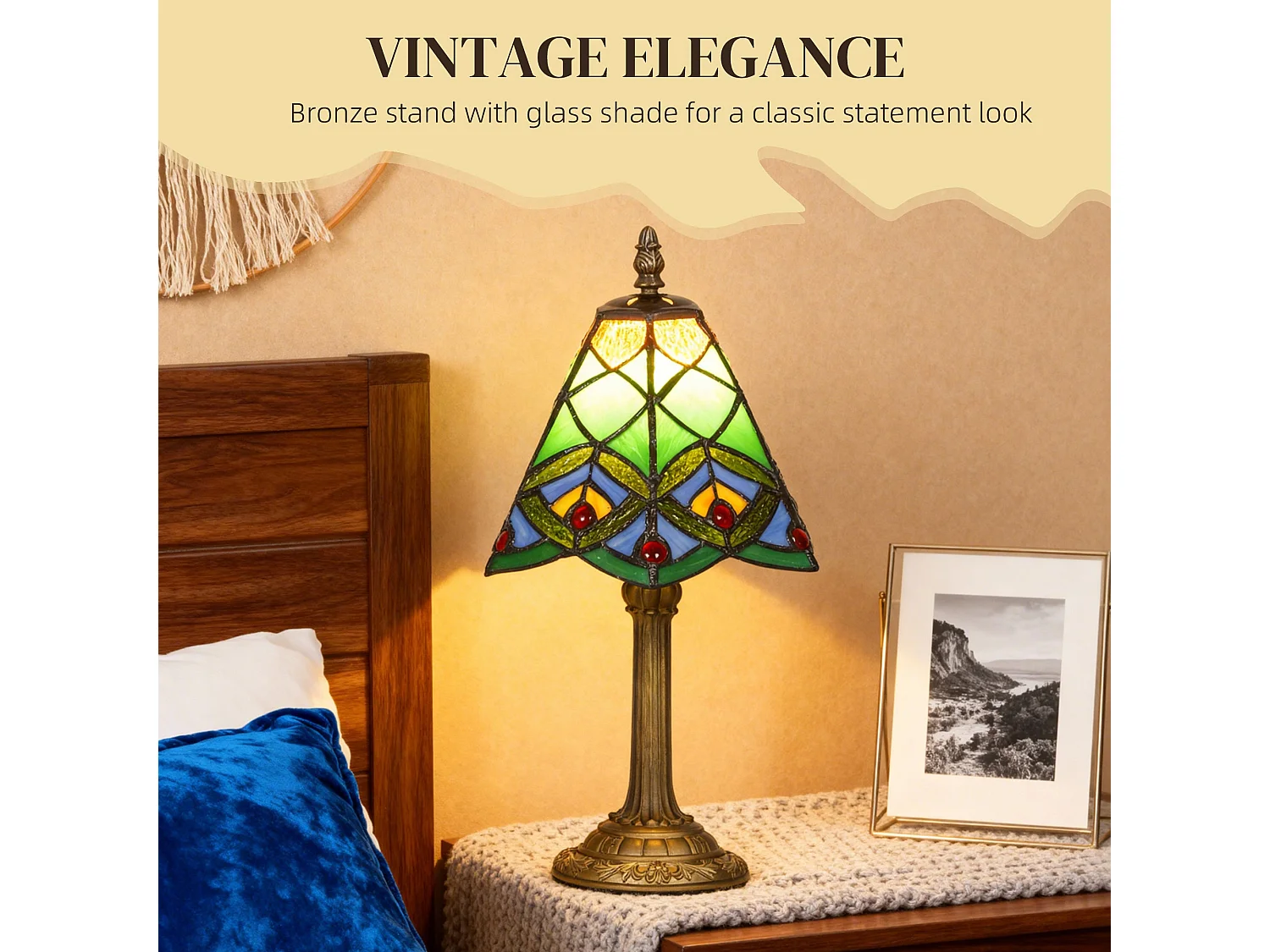 Mamavi Tiffany Style Table Lamp Green Amber Geometric Stained Glass