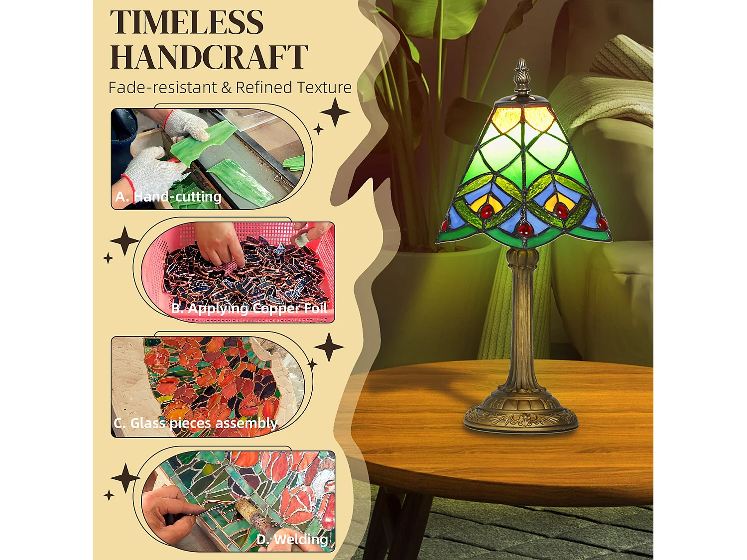 Mamavi Tiffany Style Table Lamp Green Amber Geometric Stained Glass