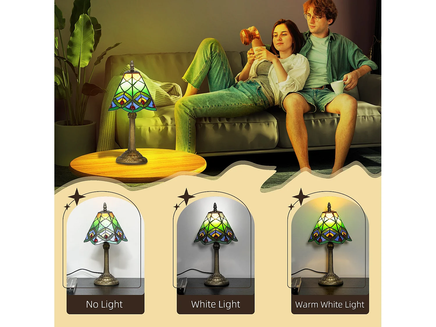 Mamavi Tiffany Style Table Lamp Green Amber Geometric Stained Glass