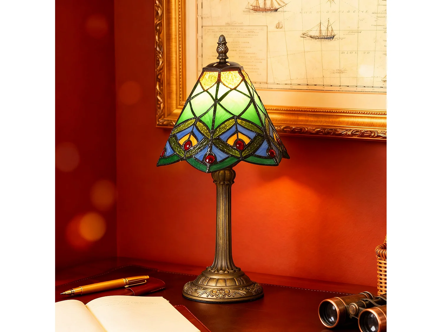 Mamavi Tiffany Style Table Lamp Green Amber Geometric Stained Glass