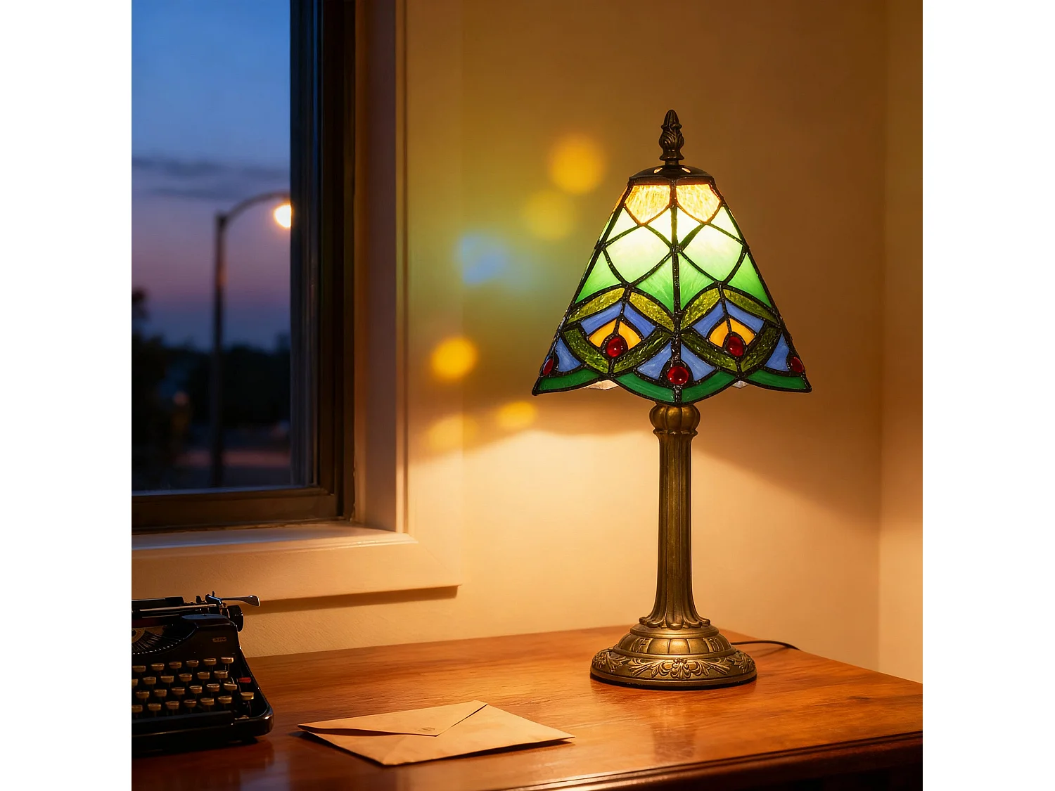 Mamavi Tiffany Style Table Lamp Green Amber Geometric Stained Glass