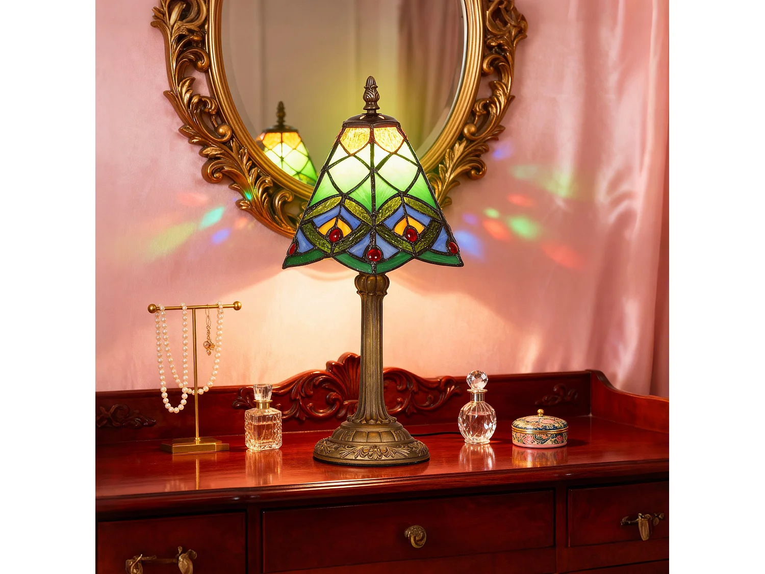 Mamavi Tiffany Style Table Lamp Green Amber Geometric Stained Glass