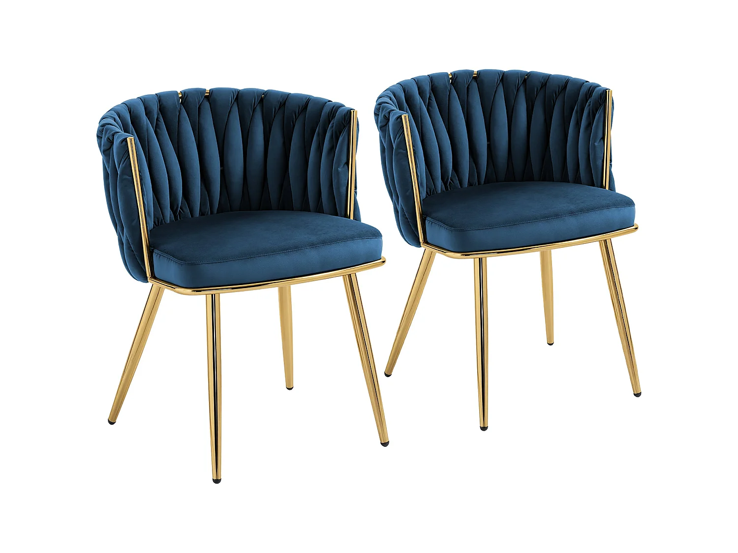 Sosura Set of 2 Dark Blue Velvet Feel Dining Chairs with Woven Back Arms and Gold Tone Frame