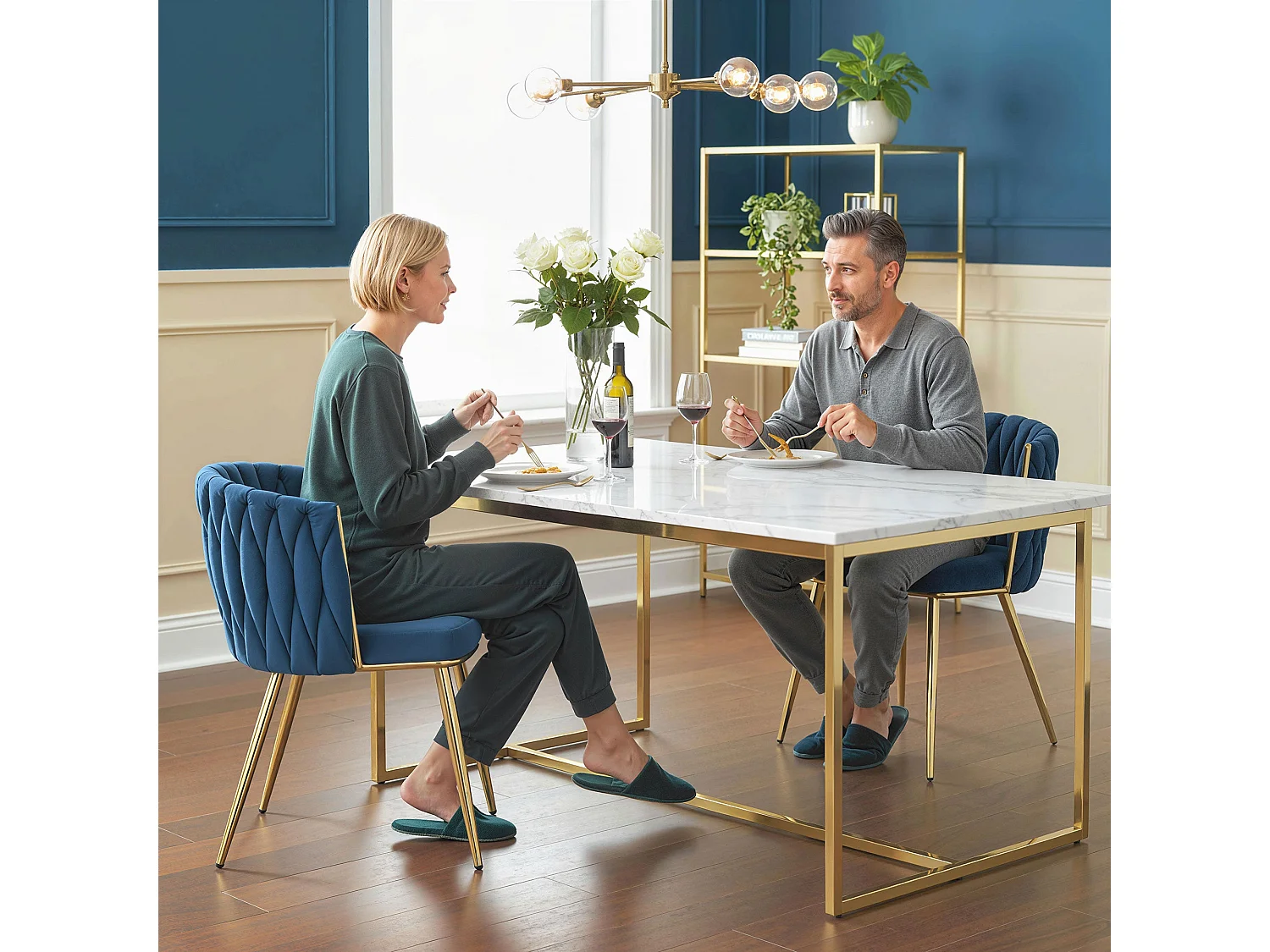 Sosura Set of 2 Dark Blue Velvet Feel Dining Chairs with Woven Back Arms and Gold Tone Frame