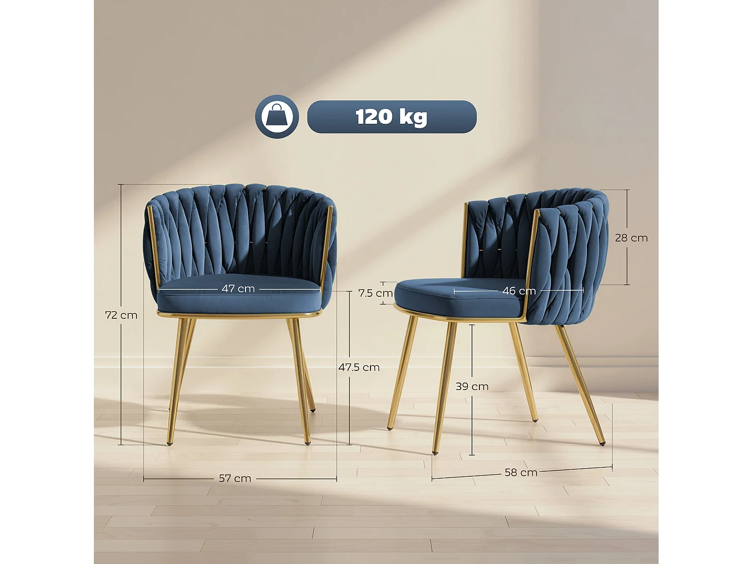 Sosura Set of 2 Dark Blue Velvet Feel Dining Chairs with Woven Back Arms and Gold Tone Frame