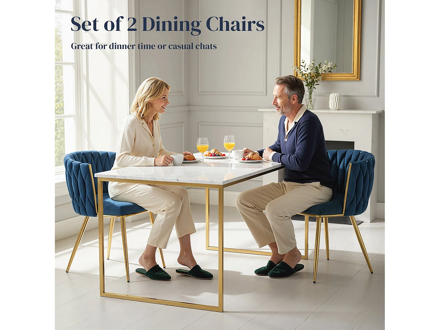 Sosura Set of 2 Dark Blue Velvet Feel Dining Chairs with Woven Back Arms and Gold Tone Frame