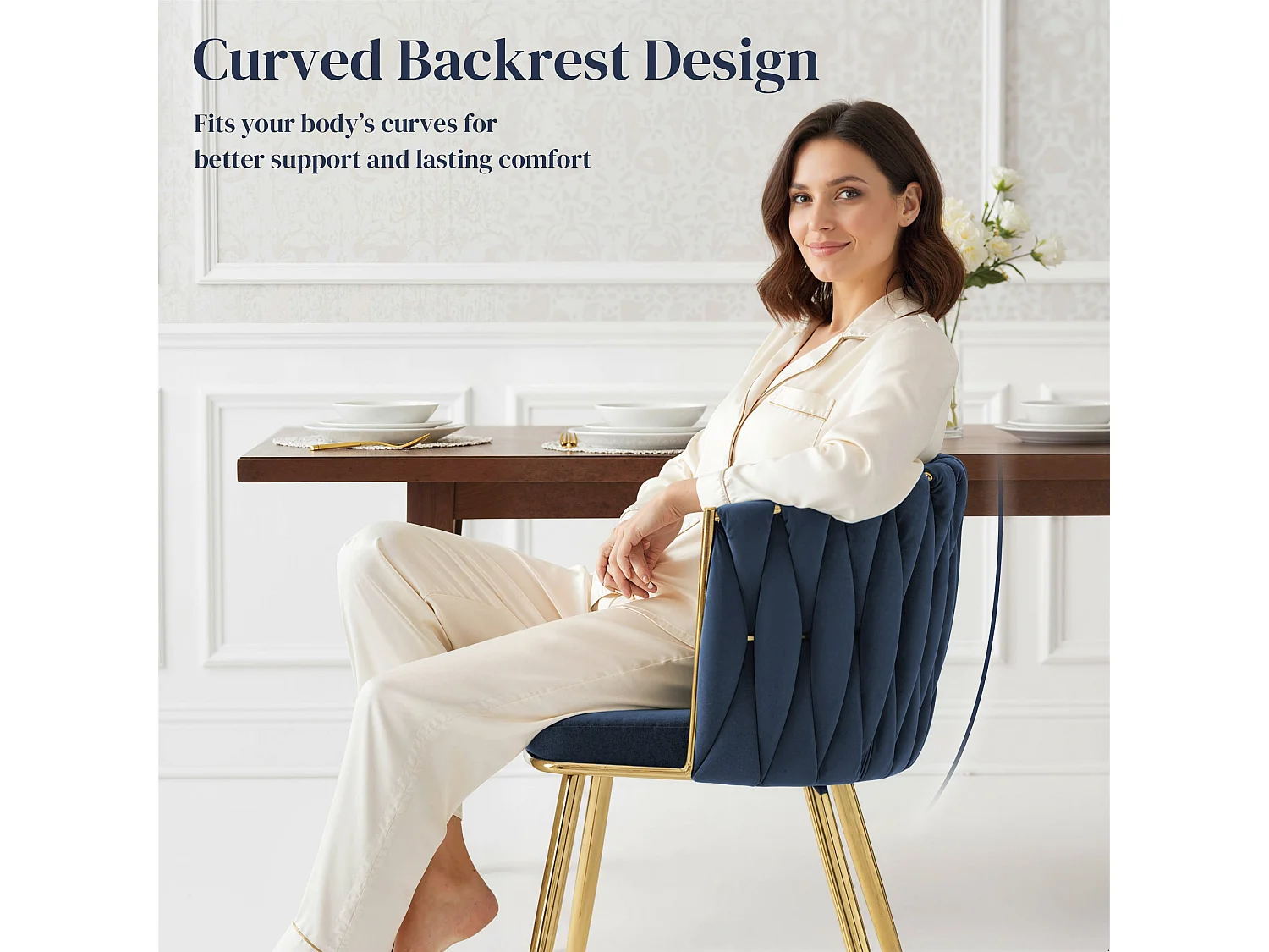 Sosura Set of 2 Dark Blue Velvet Feel Dining Chairs with Woven Back Arms and Gold Tone Frame