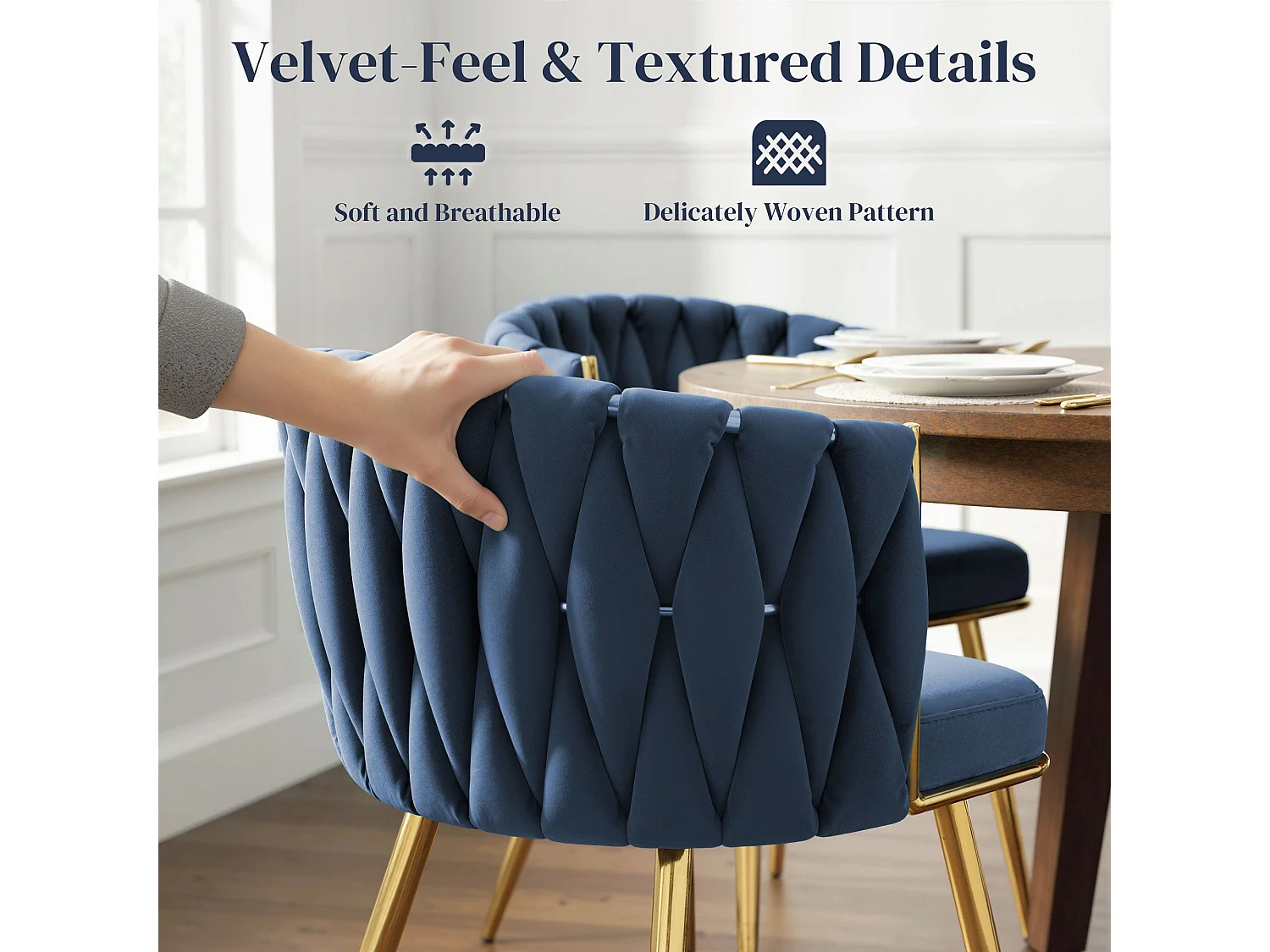 Sosura Set of 2 Dark Blue Velvet Feel Dining Chairs with Woven Back Arms and Gold Tone Frame