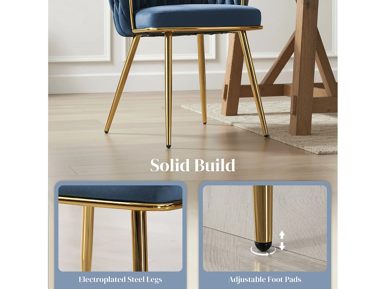 Sosura Set of 2 Dark Blue Velvet Feel Dining Chairs with Woven Back Arms and Gold Tone Frame
