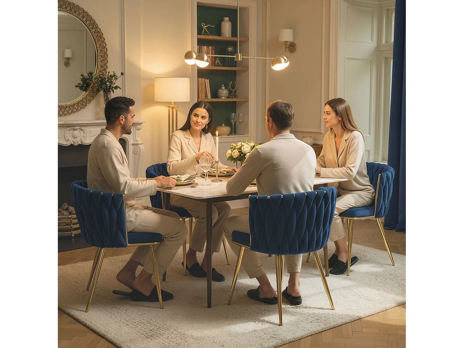 Sosura Set of 2 Dark Blue Velvet Feel Dining Chairs with Woven Back Arms and Gold Tone Frame