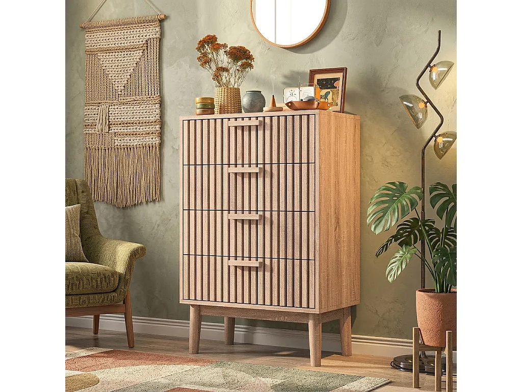 Commode 4 tiroirs, Meuble de Rangement avec antichute,Chiffonnier Bois Colonne avec Poignées et Pieds, Tiroir pour Chambre, Salon, Bureau, 60x34x91cm