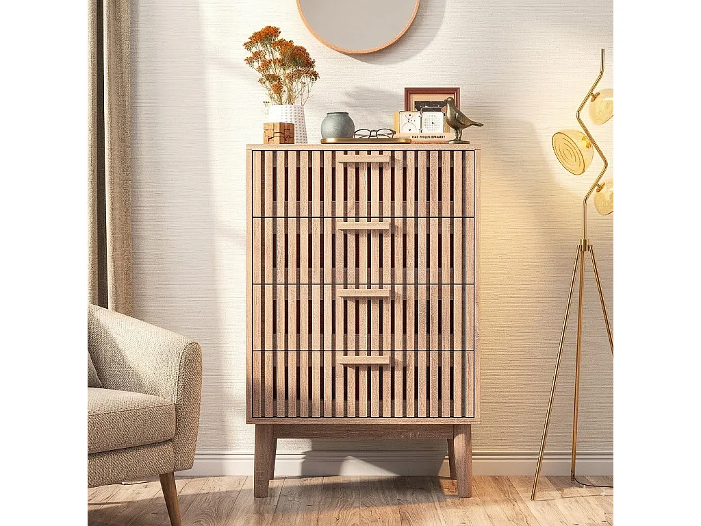 Commode 4 tiroirs, Meuble de Rangement avec antichute,Chiffonnier Bois Colonne avec Poignées et Pieds, Tiroir pour Chambre, Salon, Bureau, 60x34x91cm