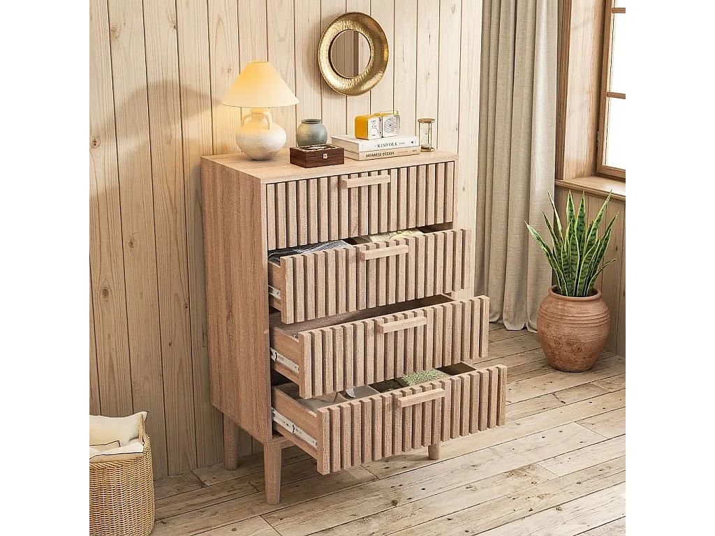 Commode 4 tiroirs, Meuble de Rangement avec antichute,Chiffonnier Bois Colonne avec Poignées et Pieds, Tiroir pour Chambre, Salon, Bureau, 60x34x91cm