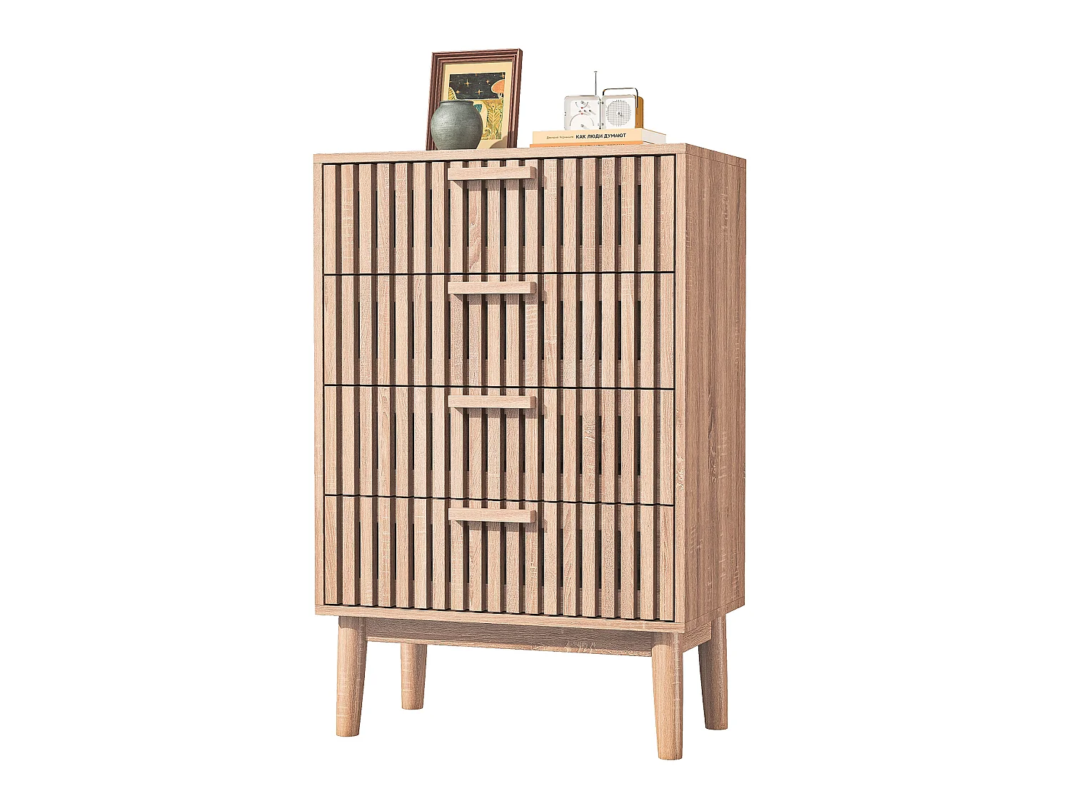 Commode 4 tiroirs, Meuble de Rangement avec antichute,Chiffonnier Bois Colonne avec Poignées et Pieds, Tiroir pour Chambre, Salon, Bureau, 60x34x91cm