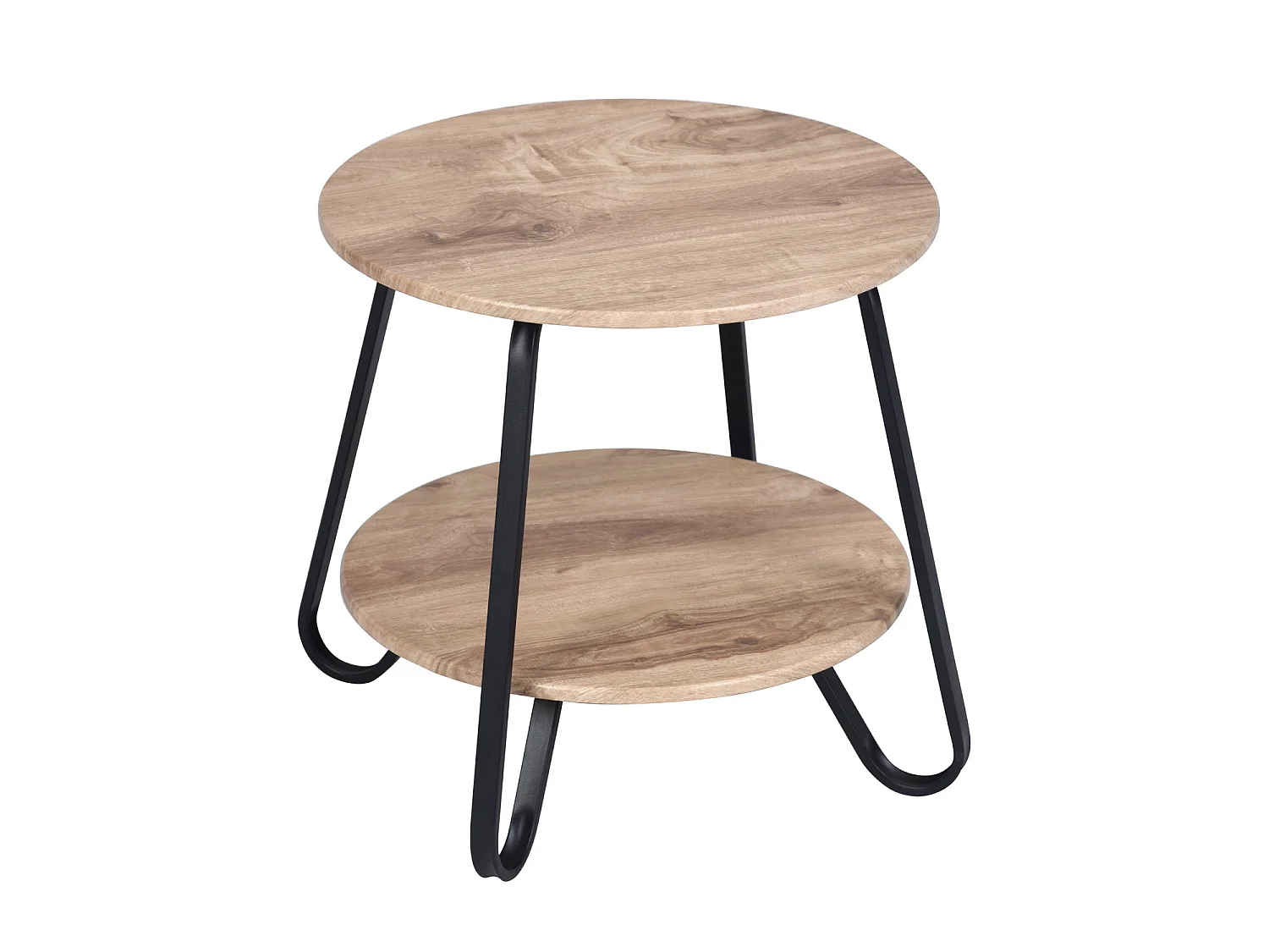 KONYANIGHT - Table de chevet ronde en métal noir avec plateau effet chêne et 2 niveaux de rangement