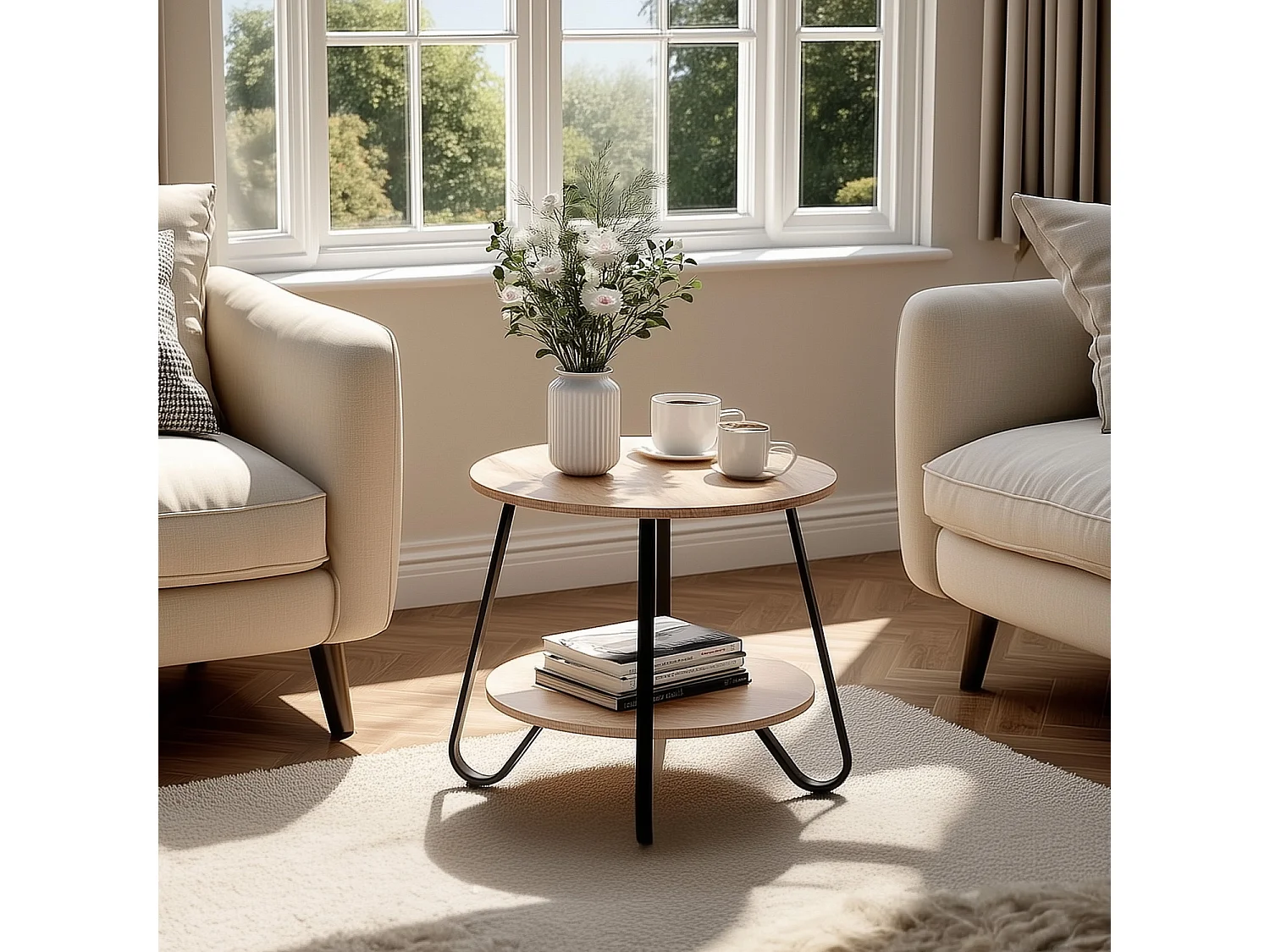 KONYANIGHT - Table de chevet ronde en métal noir avec plateau effet chêne et 2 niveaux de rangement