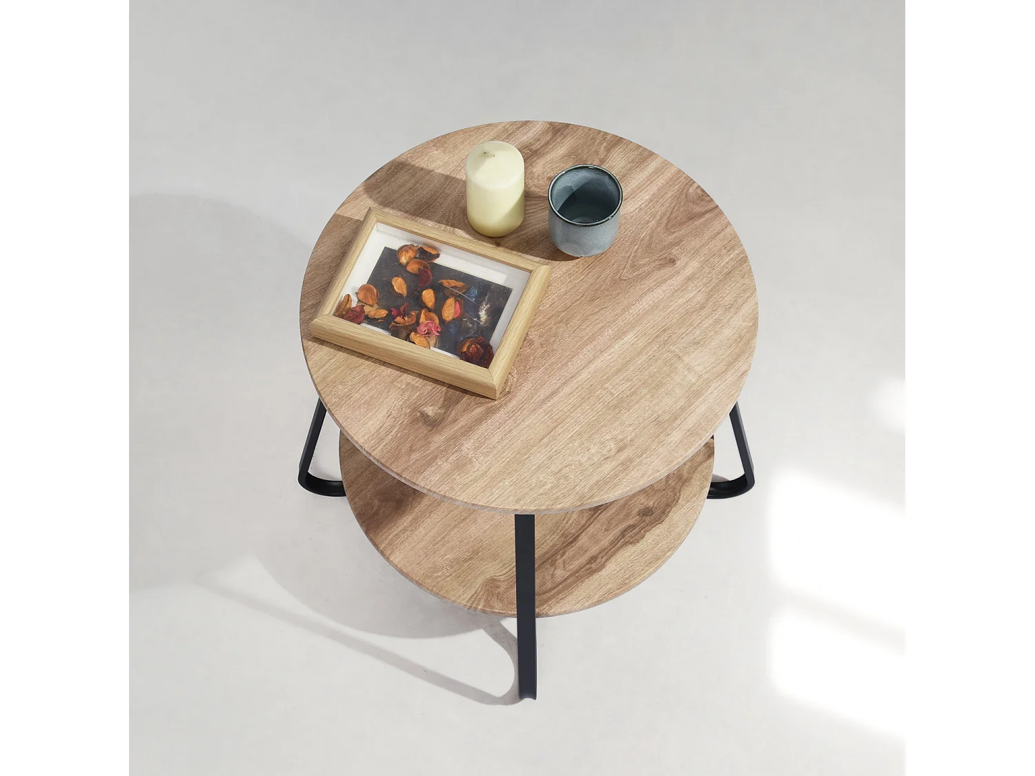 KONYANIGHT - Table de chevet ronde en métal noir avec plateau effet chêne et 2 niveaux de rangement